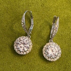 Cubic Zirconia Halo Drop Earrings - Clear Silver-Tone